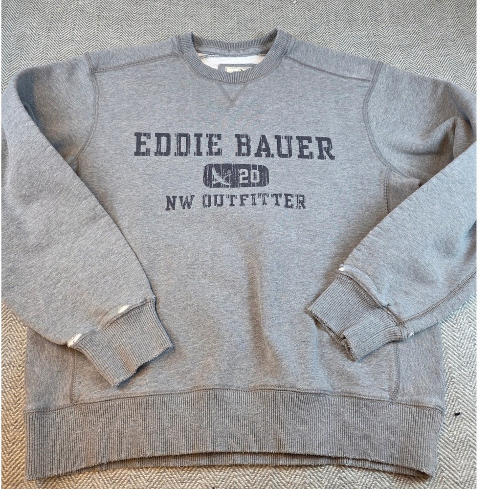 Eddie Bauer Sport Shop Men Gray Graphic Crewneck Sweatshirt Size M Distressed